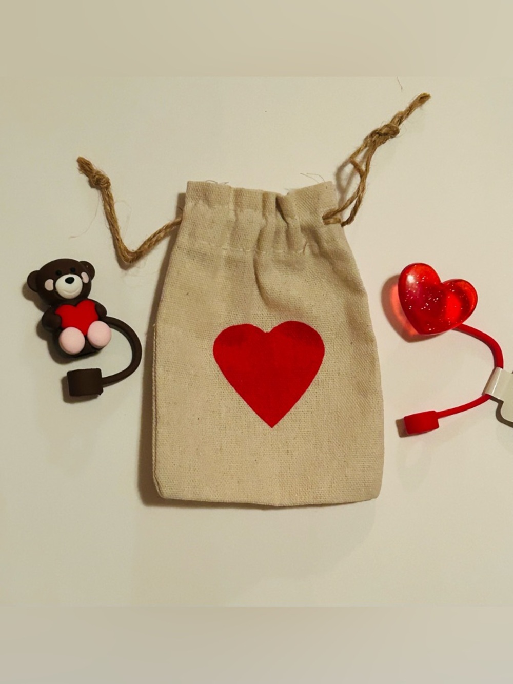 NEW!!! Valentine’s Day Teddy Bear and Glitter Heart Straw Topper Set (NWT)